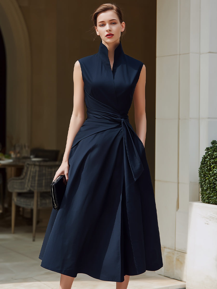 Navy Blue Sleeveless Wrap Midi Dress With Structured Stand Collar
