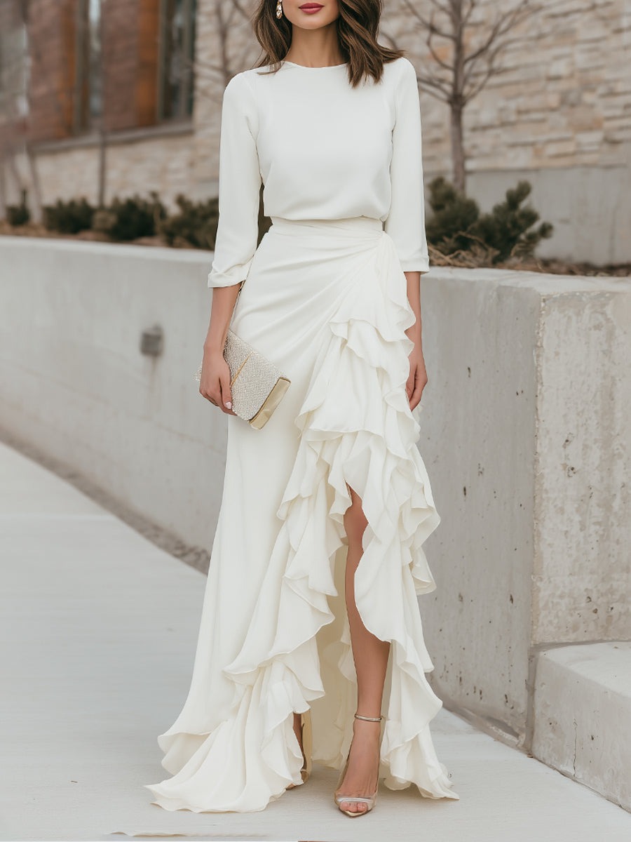 White Long Sleeve Round Neck Top And Asymmetrical Ruffle Skirt Set