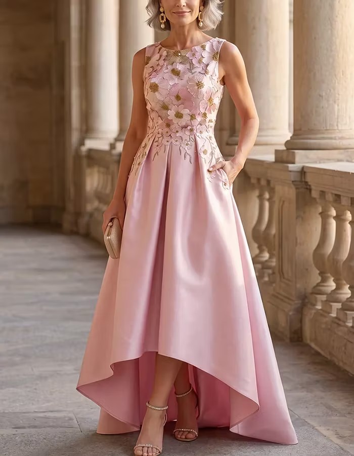 Sleeveless Floral Embroidered High-Low Satin Evening Dress