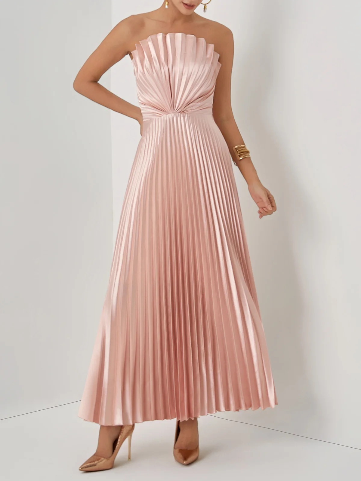 Rose Gold Pleated Satin Strapless Sleeveless A-Line Midi Dress