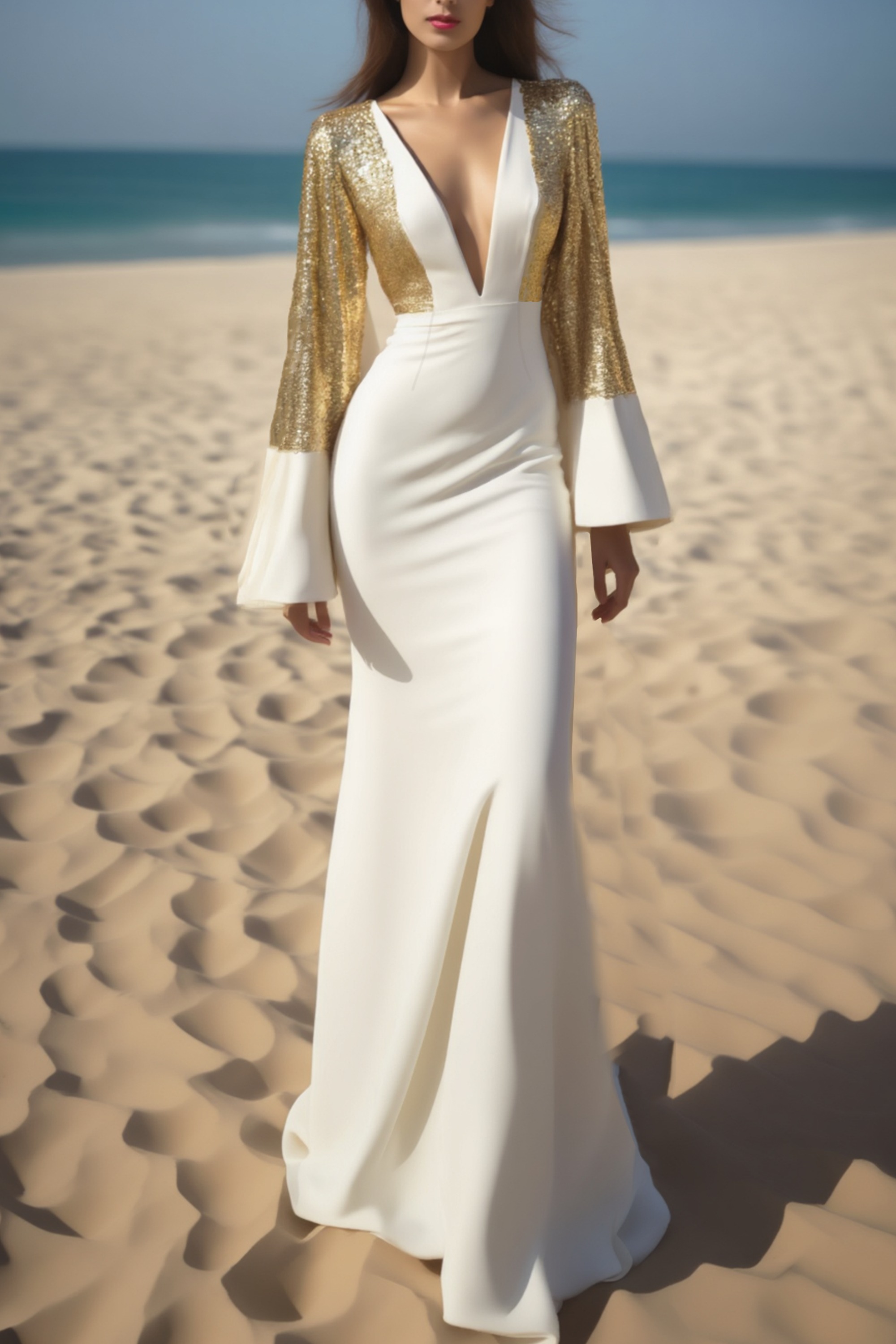 Evening Formal Dress​​ Gold Deep V Sequin Maxi Dress