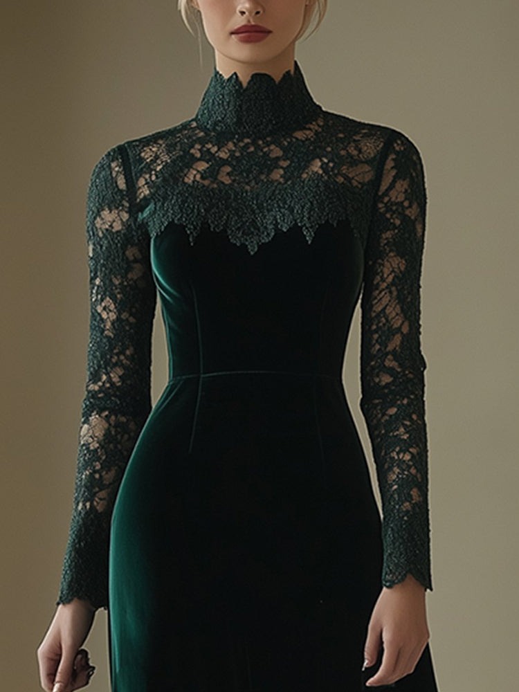 Elegant Retro Velvet Stitching Lace High Collar Long Sleeve Midi Dress