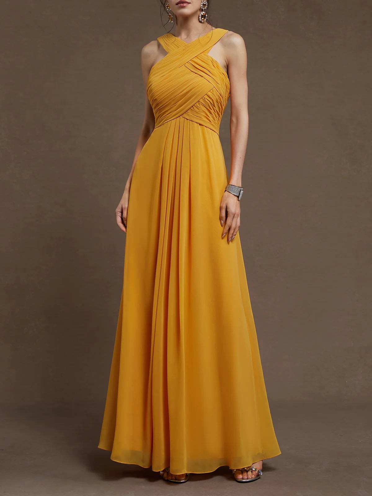 Yellow Pleated Cross Neck Sleeveless A-Line Maxi Chiffon Bridesmaid Dress
