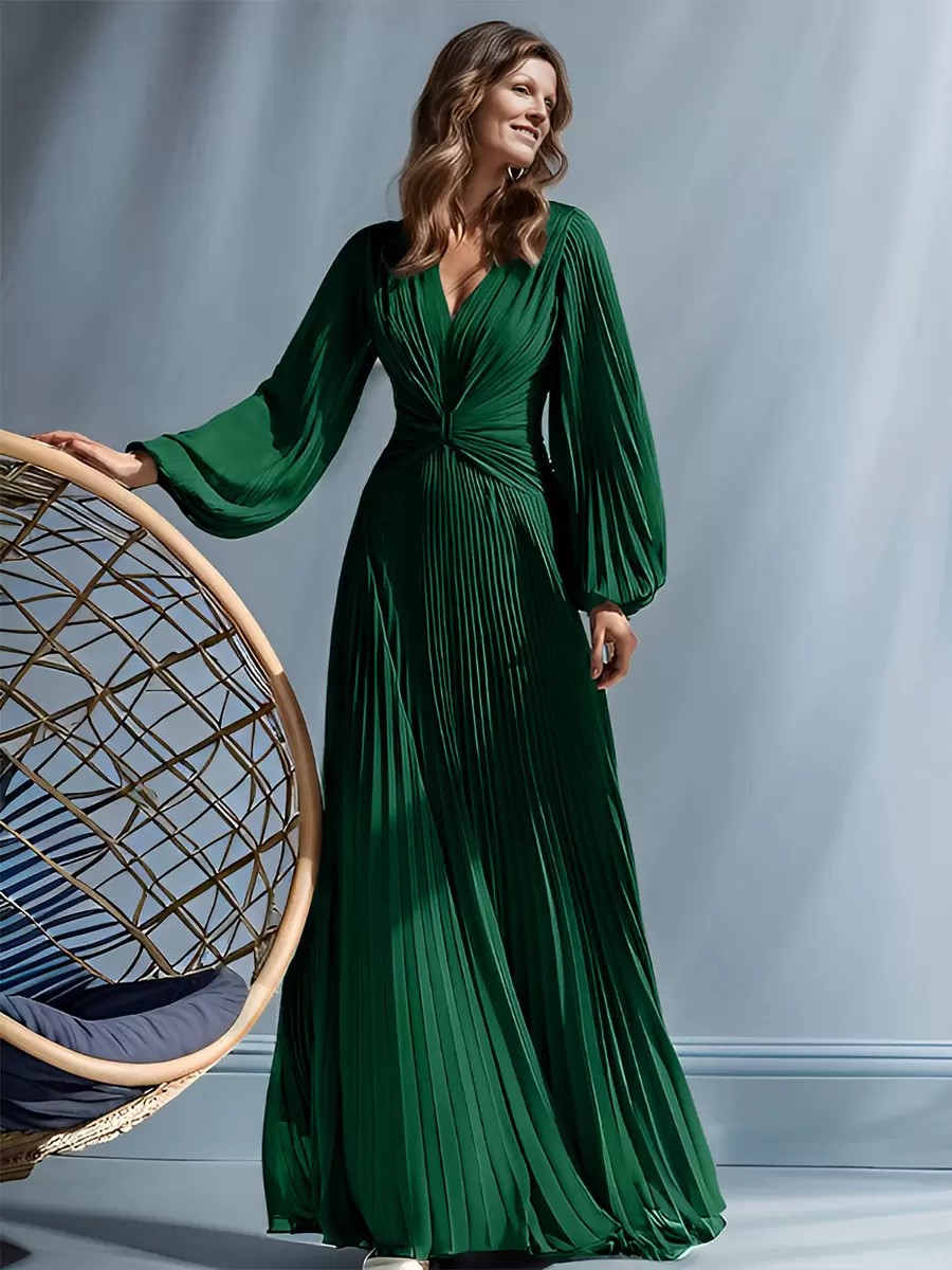 V-Neck Long Sleeve Pleated Chiffon Evening Gown
