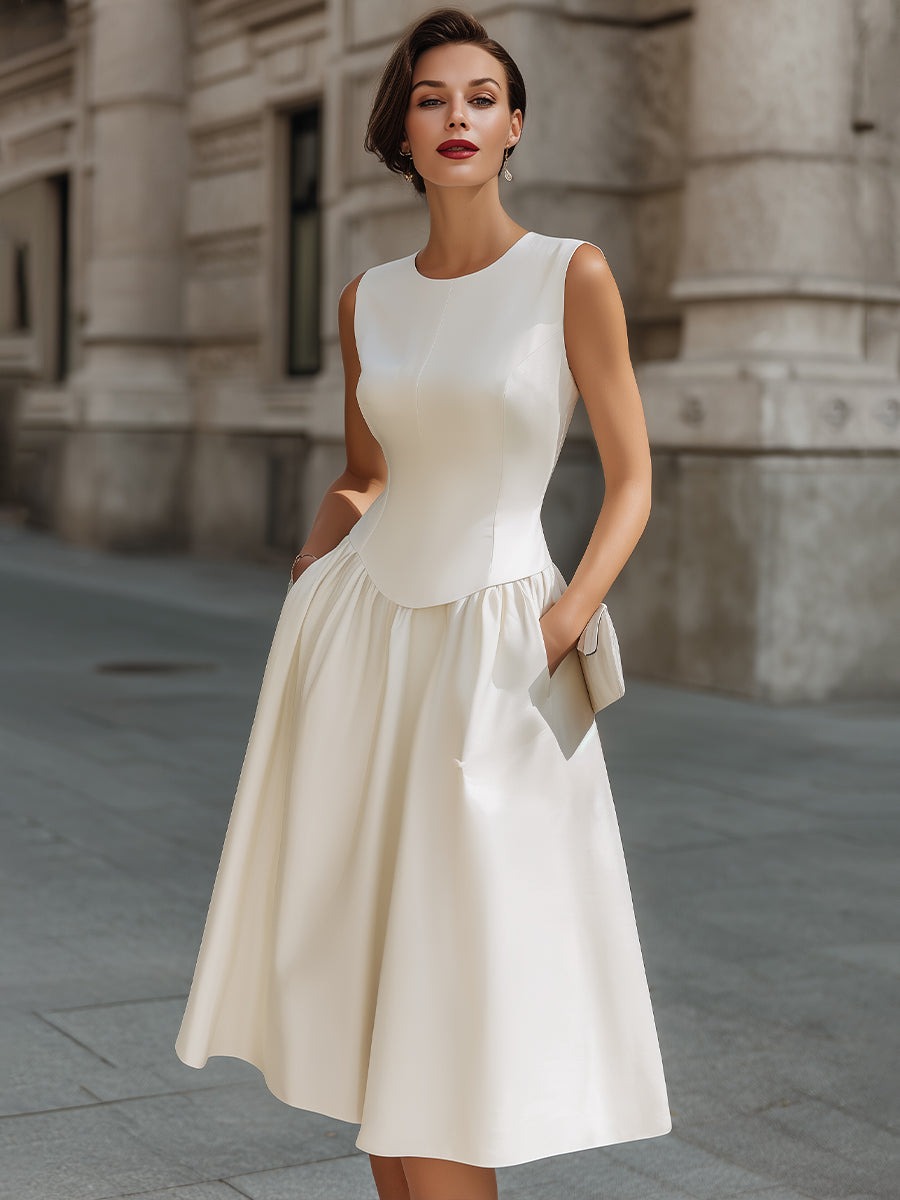 Ivory Sleeveless Structured Waist Fit And Flare Midi Dress