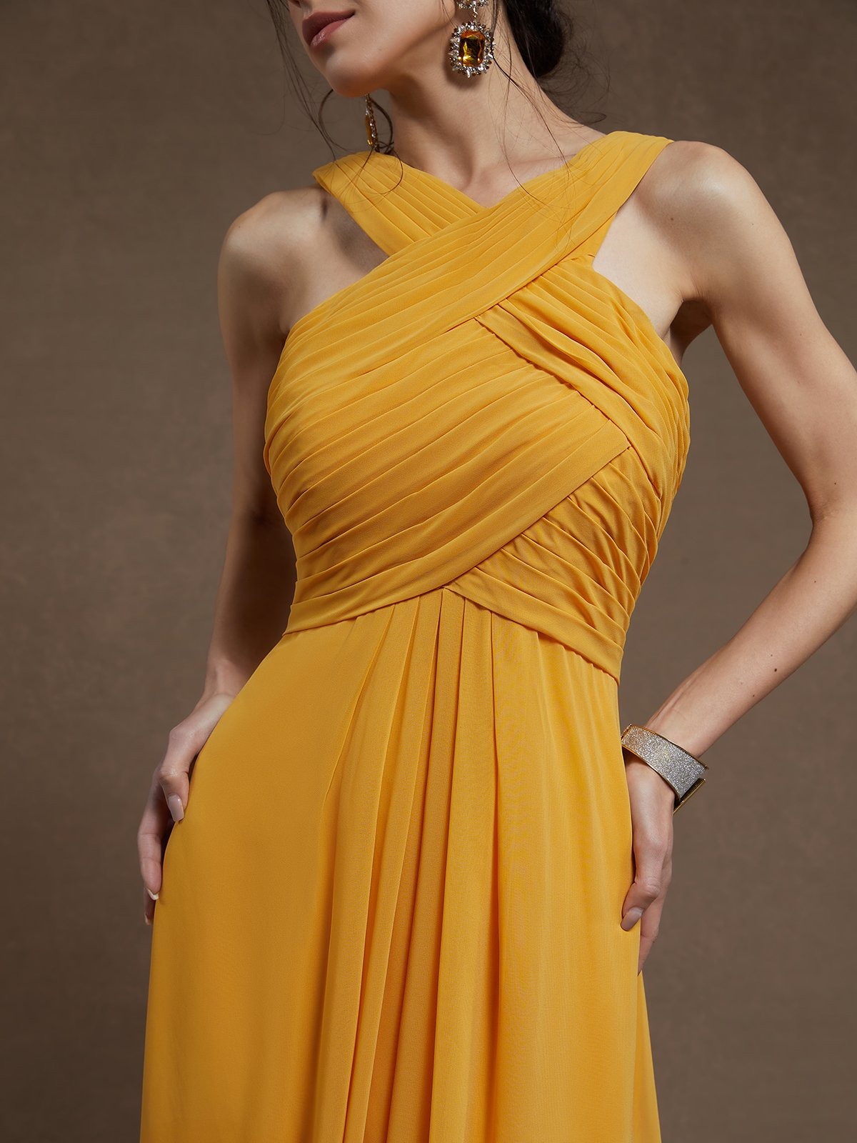 Yellow Pleated Cross Neck Sleeveless A-Line Maxi Chiffon Bridesmaid Dress