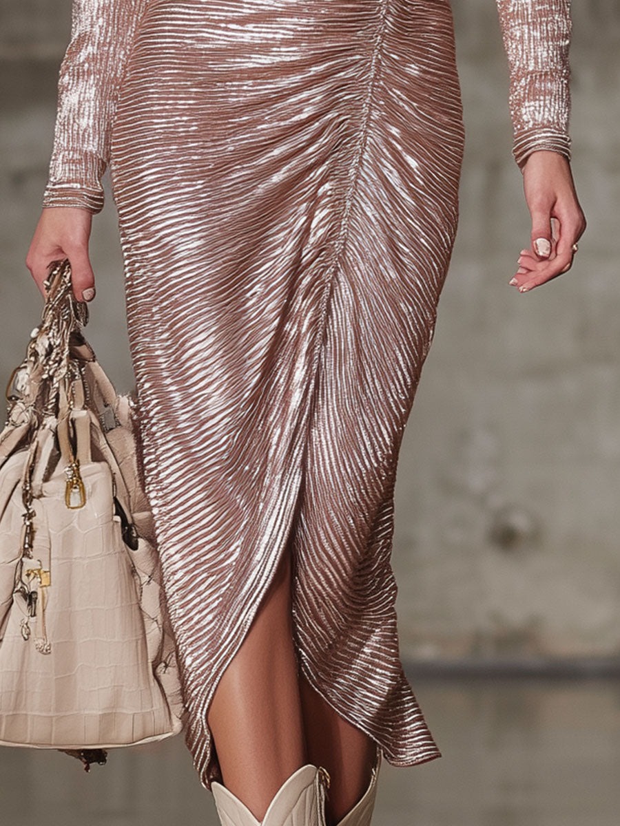 Elegant And Gorgeous Pink Shiny Texture Midi Dress
