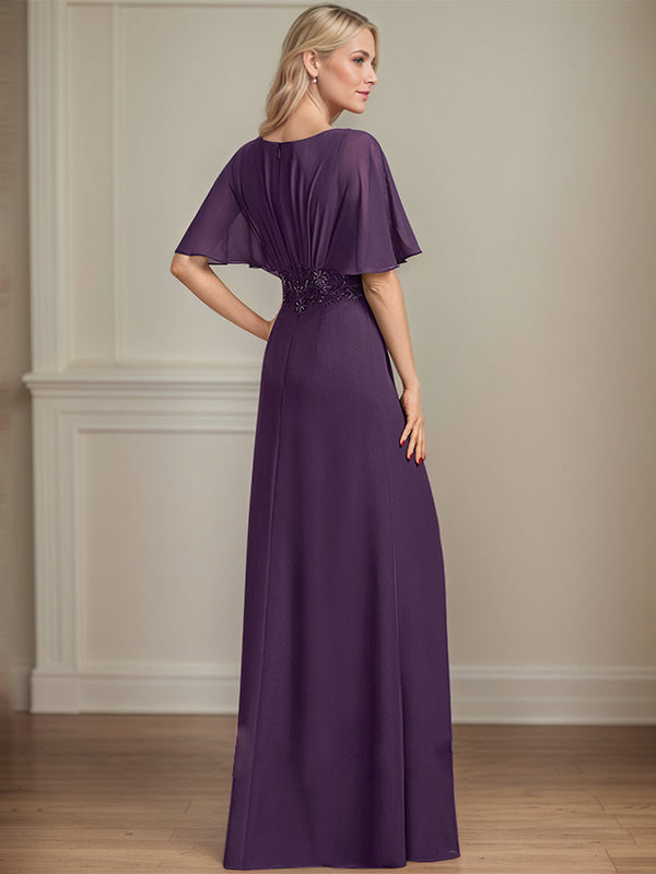 A-Line V-Neck Floor-Length Chiffon Mother of the Bride Dress With Appliques Pleated