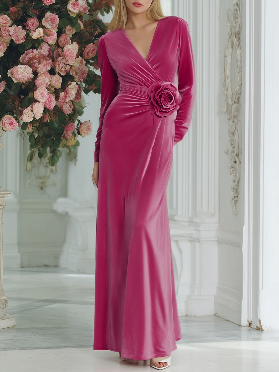 Elegant And Fashionable Evening Dress 3D Flower Pink Velvet Maxi Dress