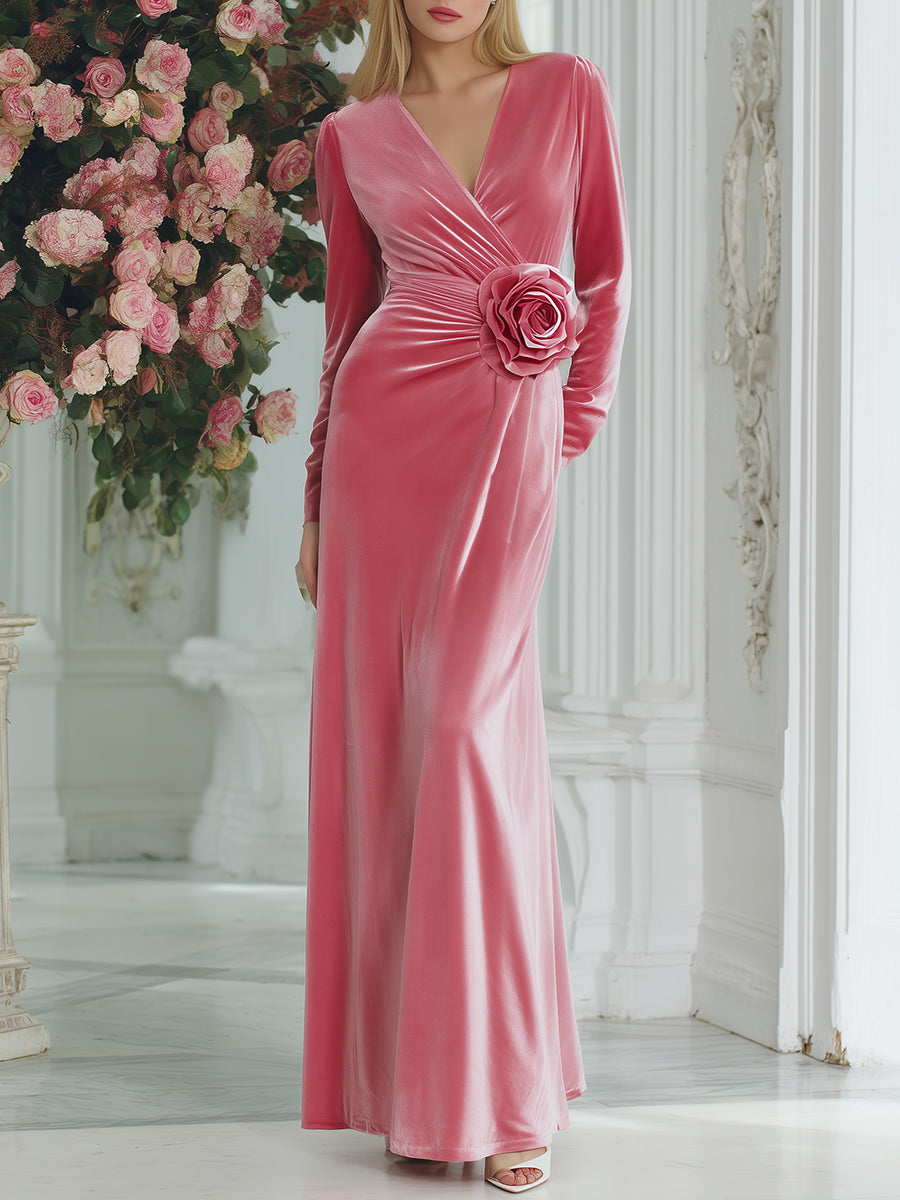 Elegant And Fashionable Evening Dress 3D Flower Pink Velvet Maxi Dress