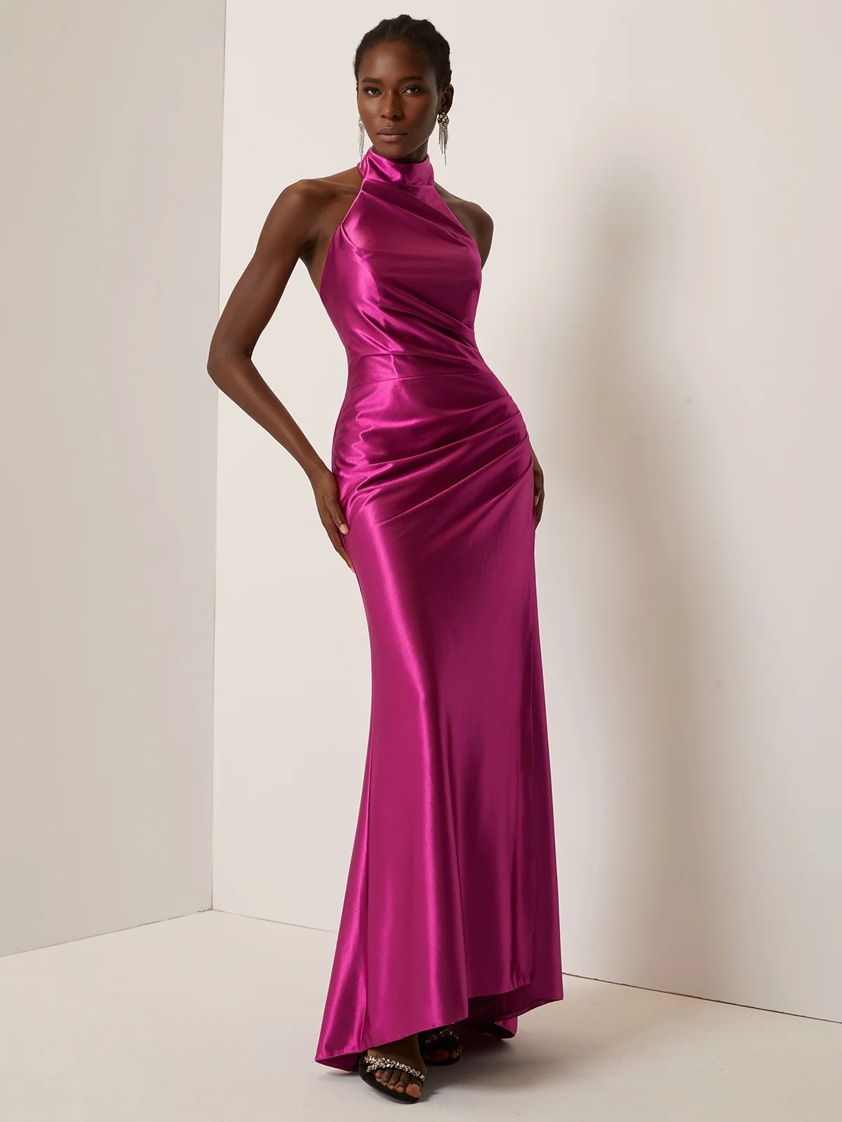 Rose Red Halter Neck Ruched Satin Mock Neck Sleeveless Sheath Gown Dress