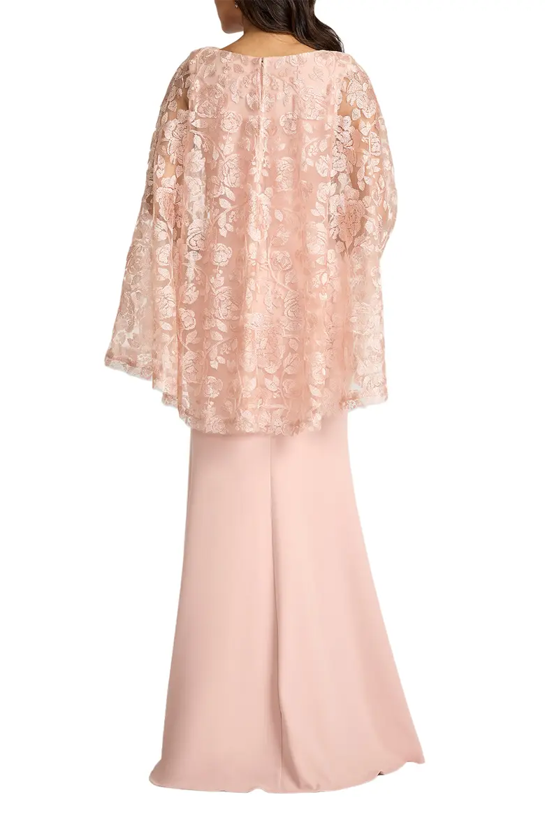 Bateau Neck Lace Cape Overlay Evening Gown