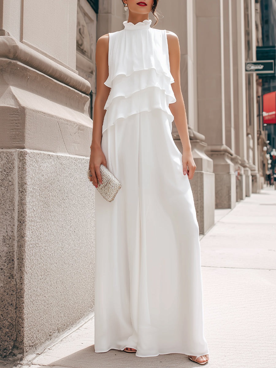 White Sleeveless Layered High-Neck Maxi Dress