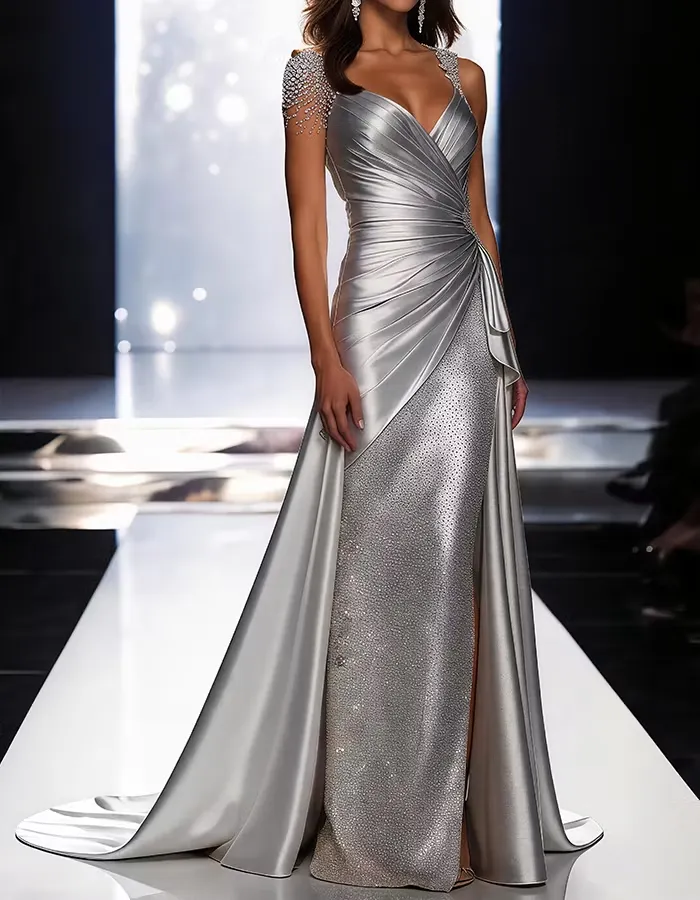 Silver Grey Deep V-Neck Draped Satin Metallic Mermaid Maxi Dress