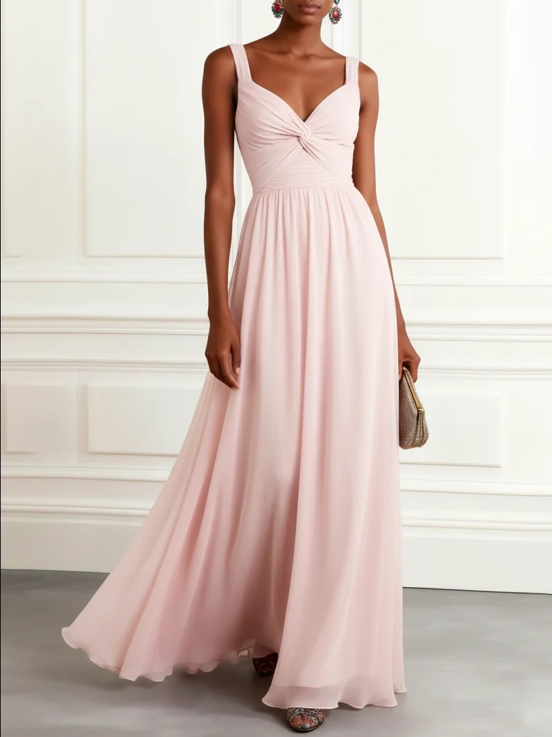 Pink Ruched Knot Chiffon Sweetheart Neckline Sleeveless A-Line Maxi Dress