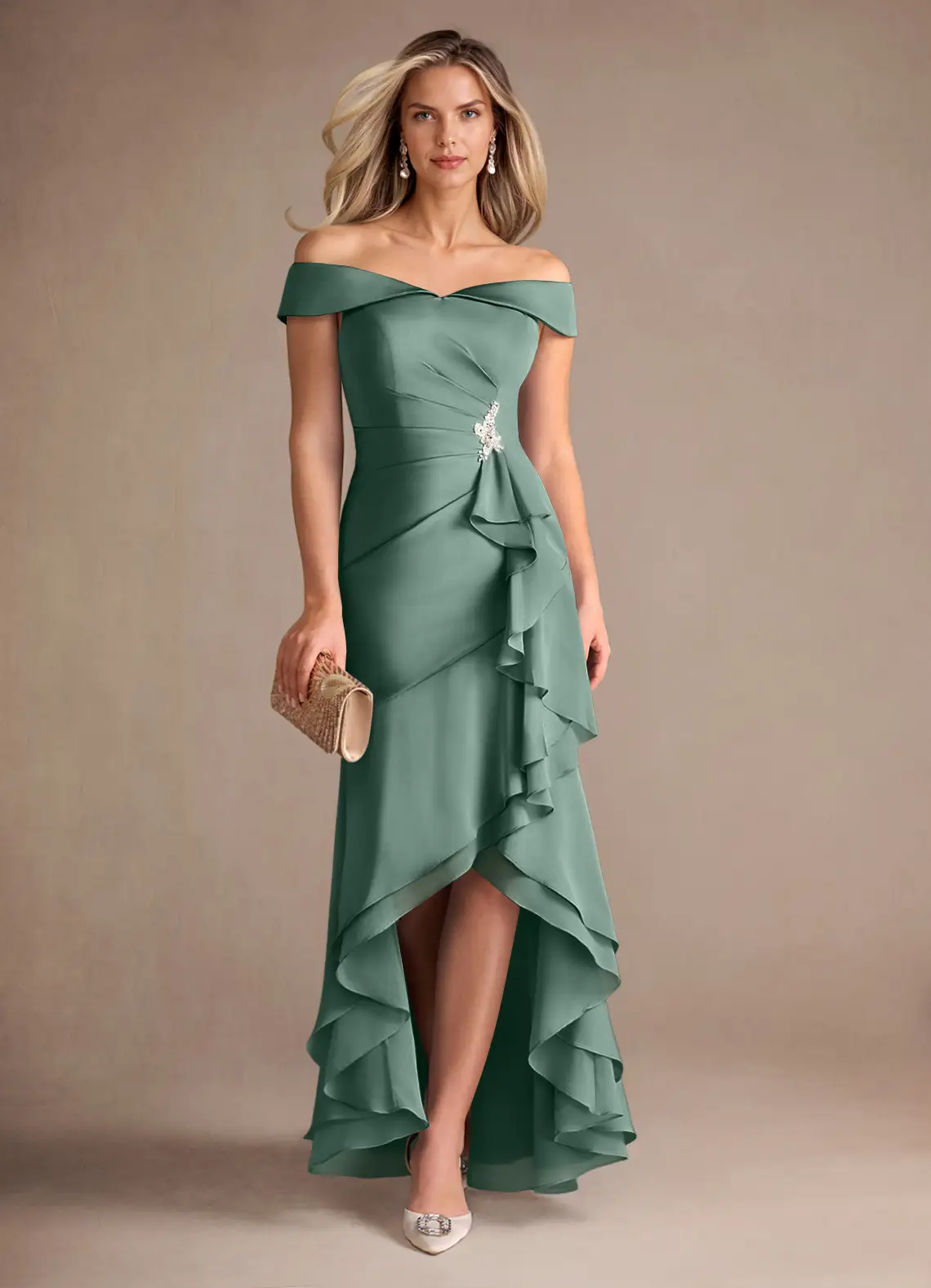 Off-Shoulder Beaded Asymmetrical Mermaid Evening Gown