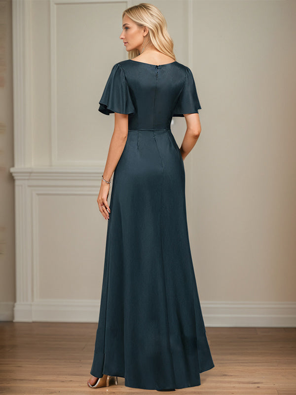 A-Line Asymmetrical Floor-Length Matte Satin Mother of the Bride Dress With Beading Sequins Pleated