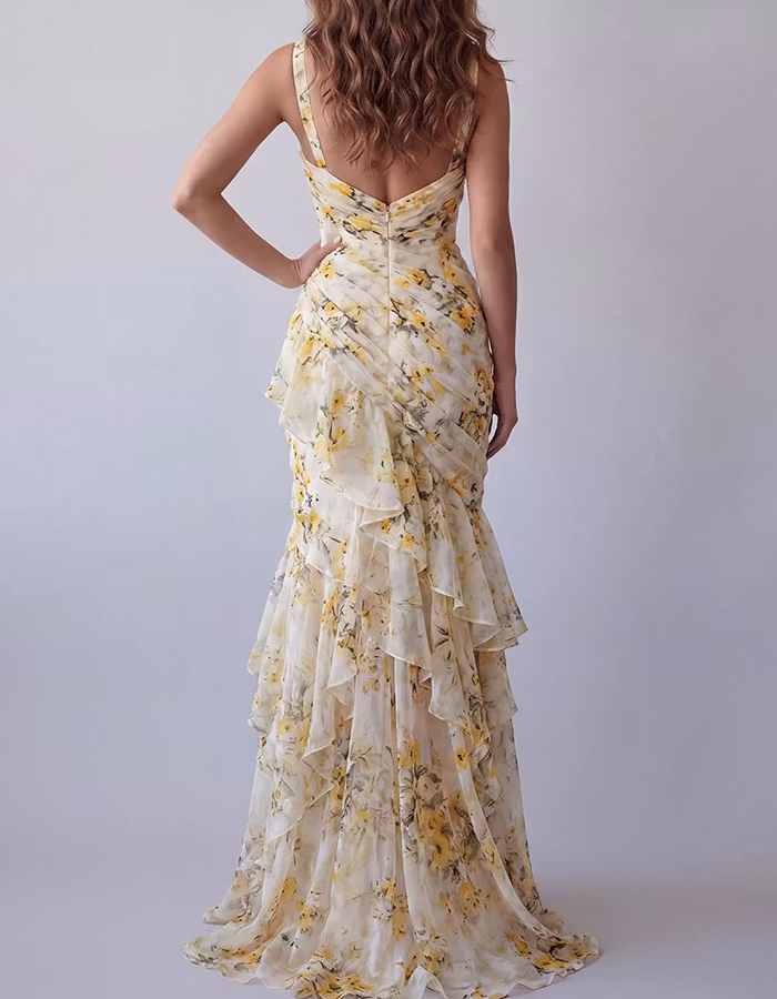 Yellow Floral V-Neck Chiffon Tiered Mermaid Maxi Dress