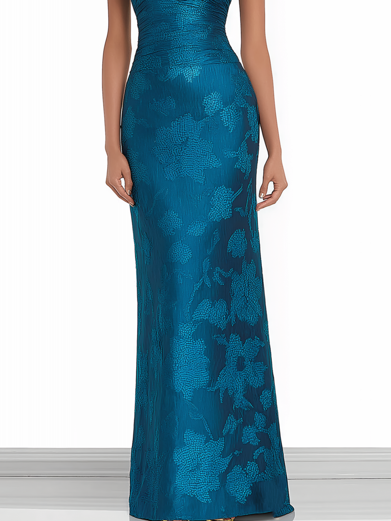 Blue Jacquard Floral Satin Off The Shoulder Sleeveless Sheath Maxi Dress