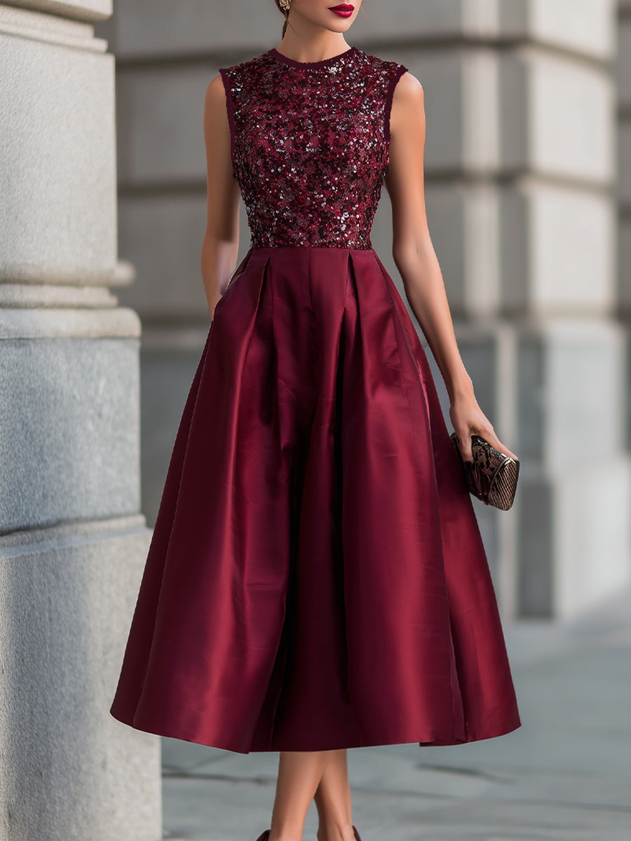 Burgundy Embellished Sleeveless Pleated Midi Dress