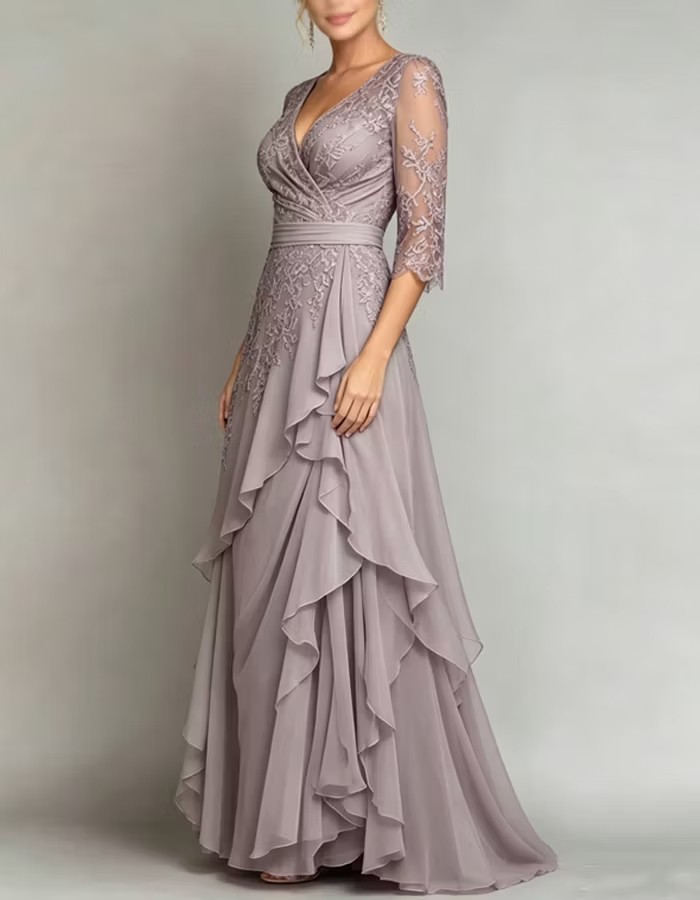 V-Neck Half Sleeve Lace Chiffon Evening Gown