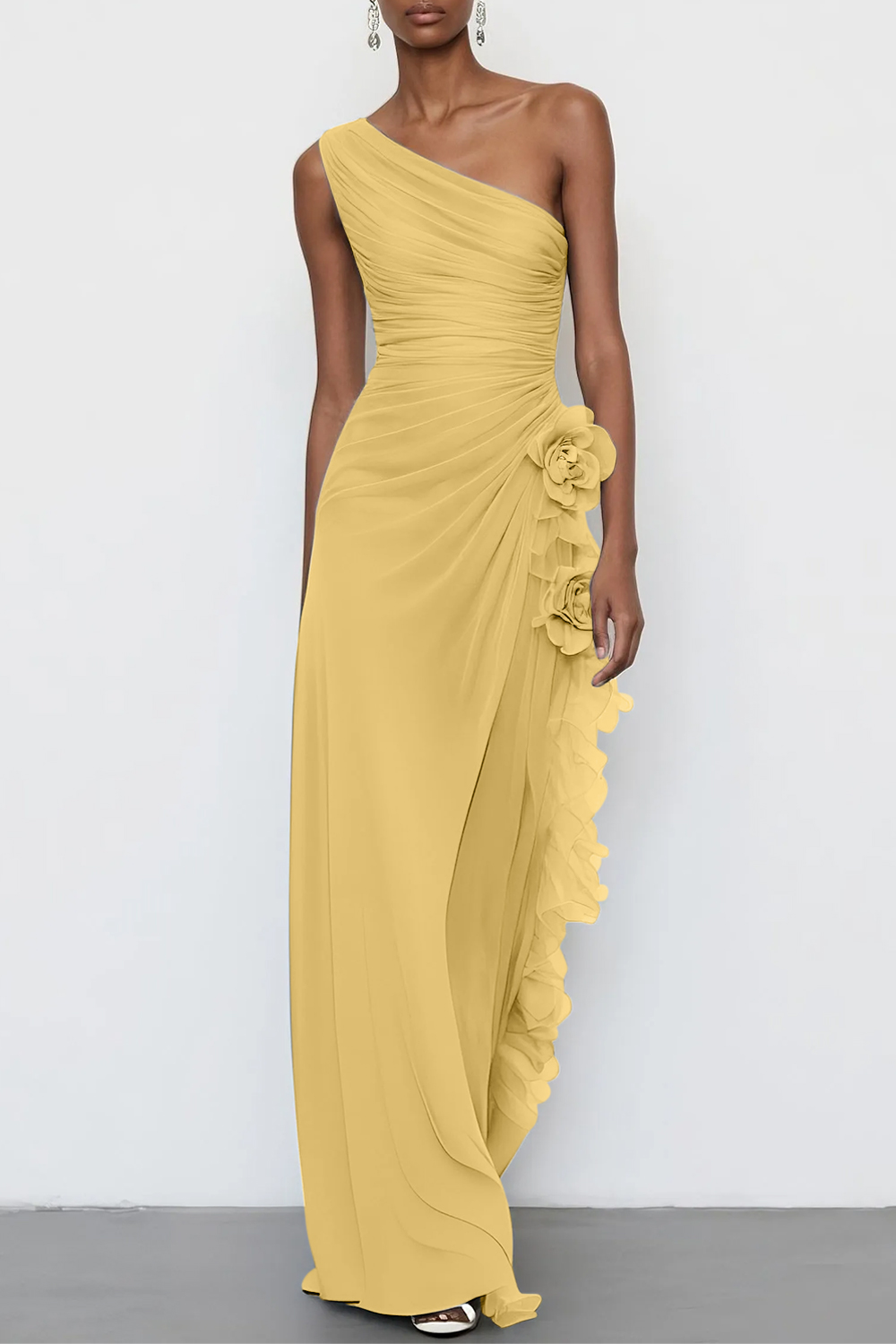 Light Blue 3D Floral Chiffon One Shoulder Sleeveless Sheath Maxi Dress