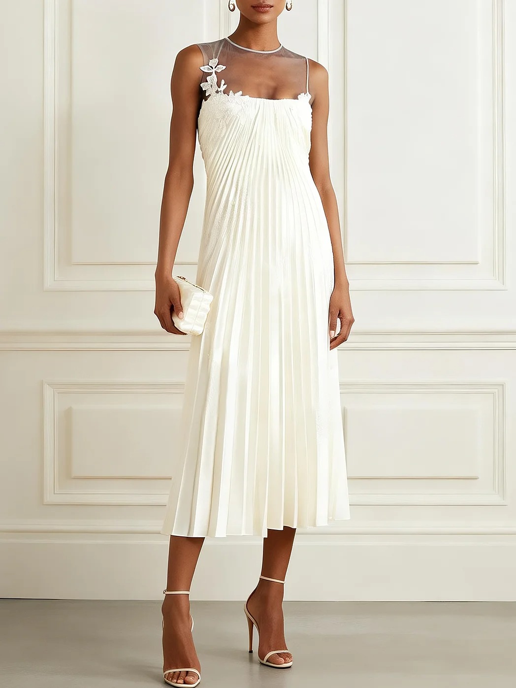 White Pleated Lace Classic Crew Neck Sleeveless A-Line Midi Dress