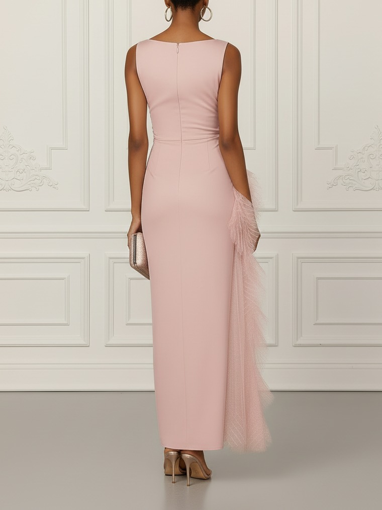 Pink Mesh Ruched Knit Boat Neck Sleeveless Sheath Maxi Dress