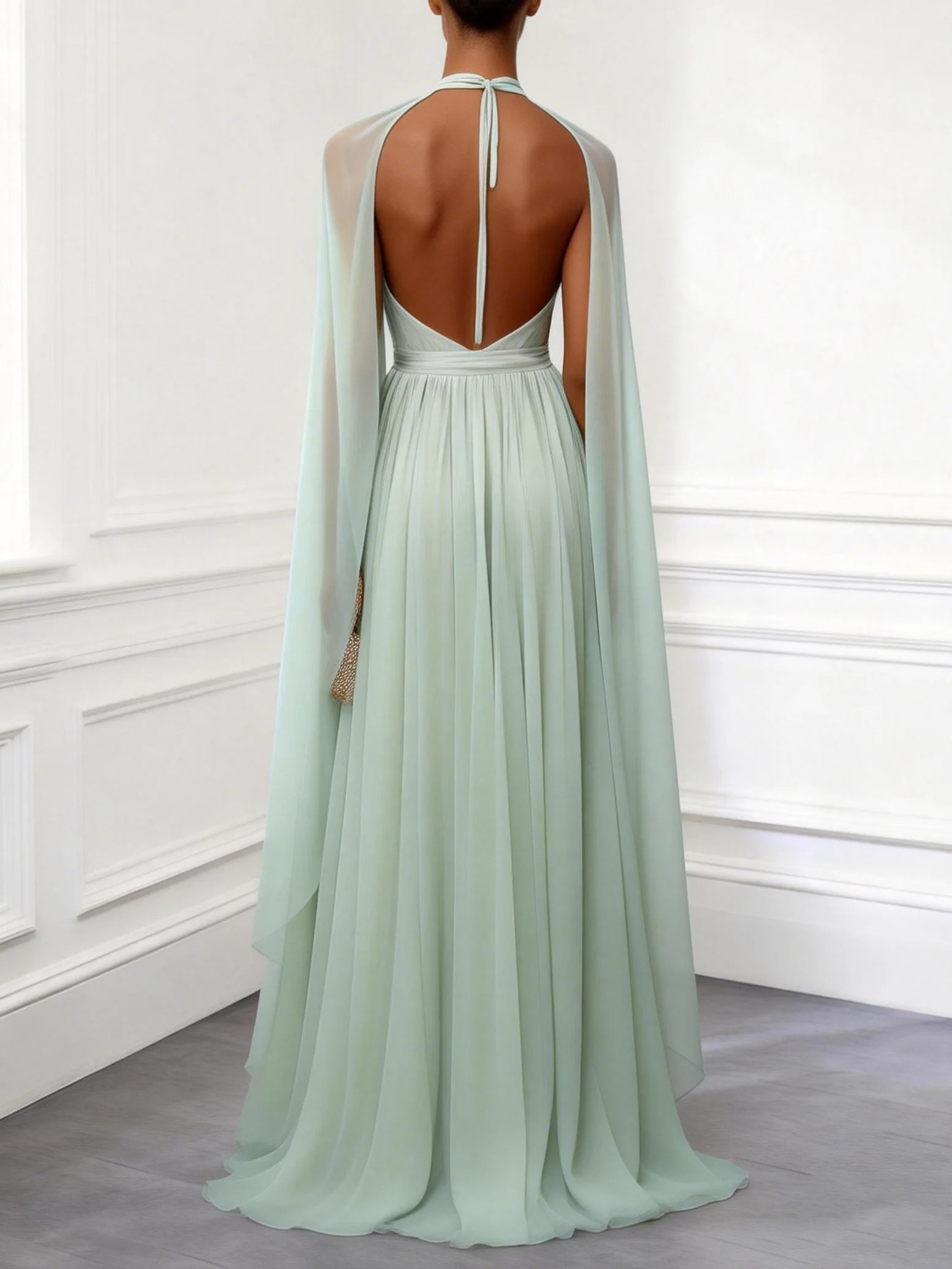 Light Green Ruched Chiffon V Neck Sleeveless A-Line Gown Dress