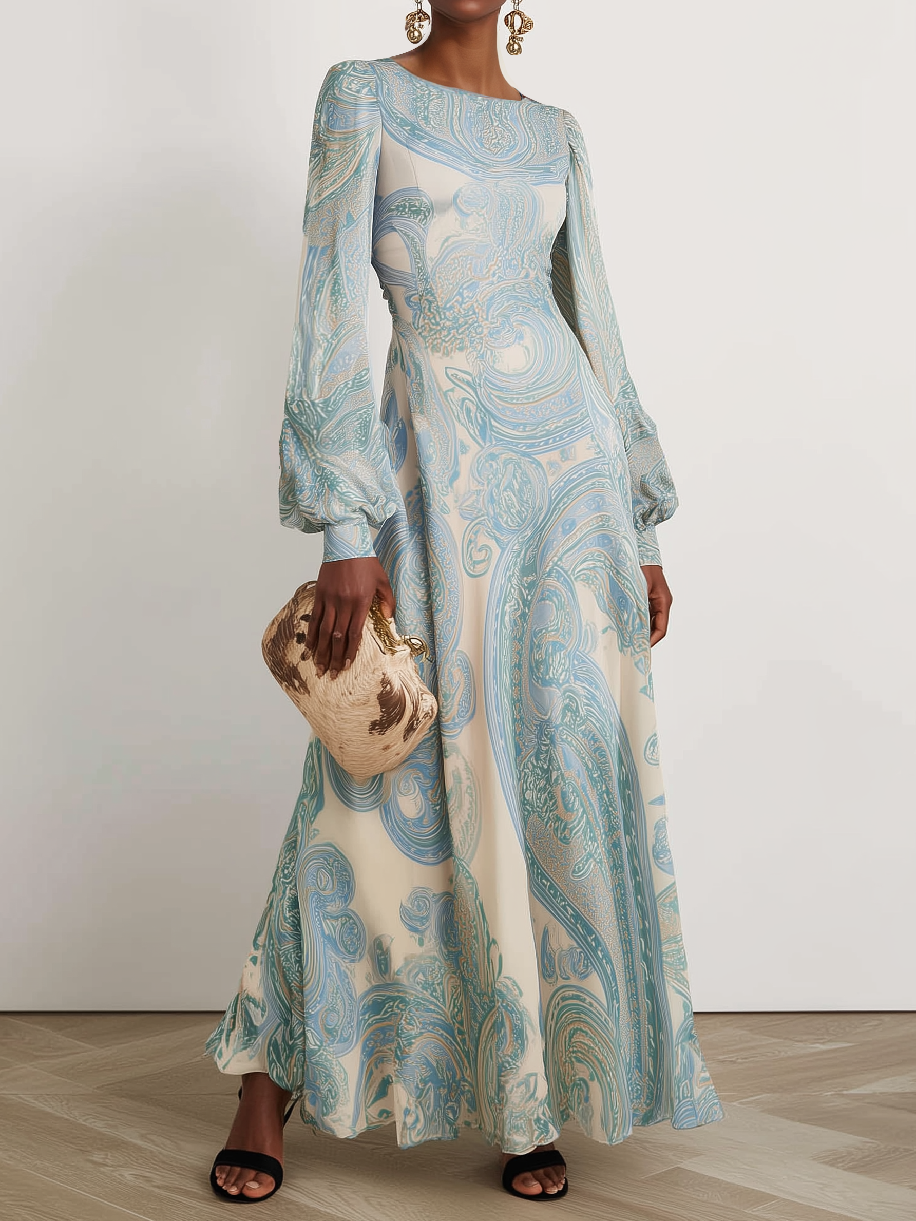 Light Blue Paisley Chiffon Crew Neck Long Sleeve Balloon Sleeve A-Line Maxi Dress