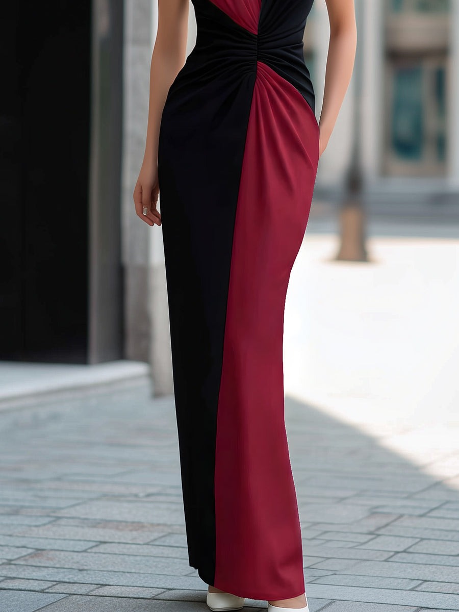 Burgundy Colorblock Twist Front Sleeveless Maxi Dress