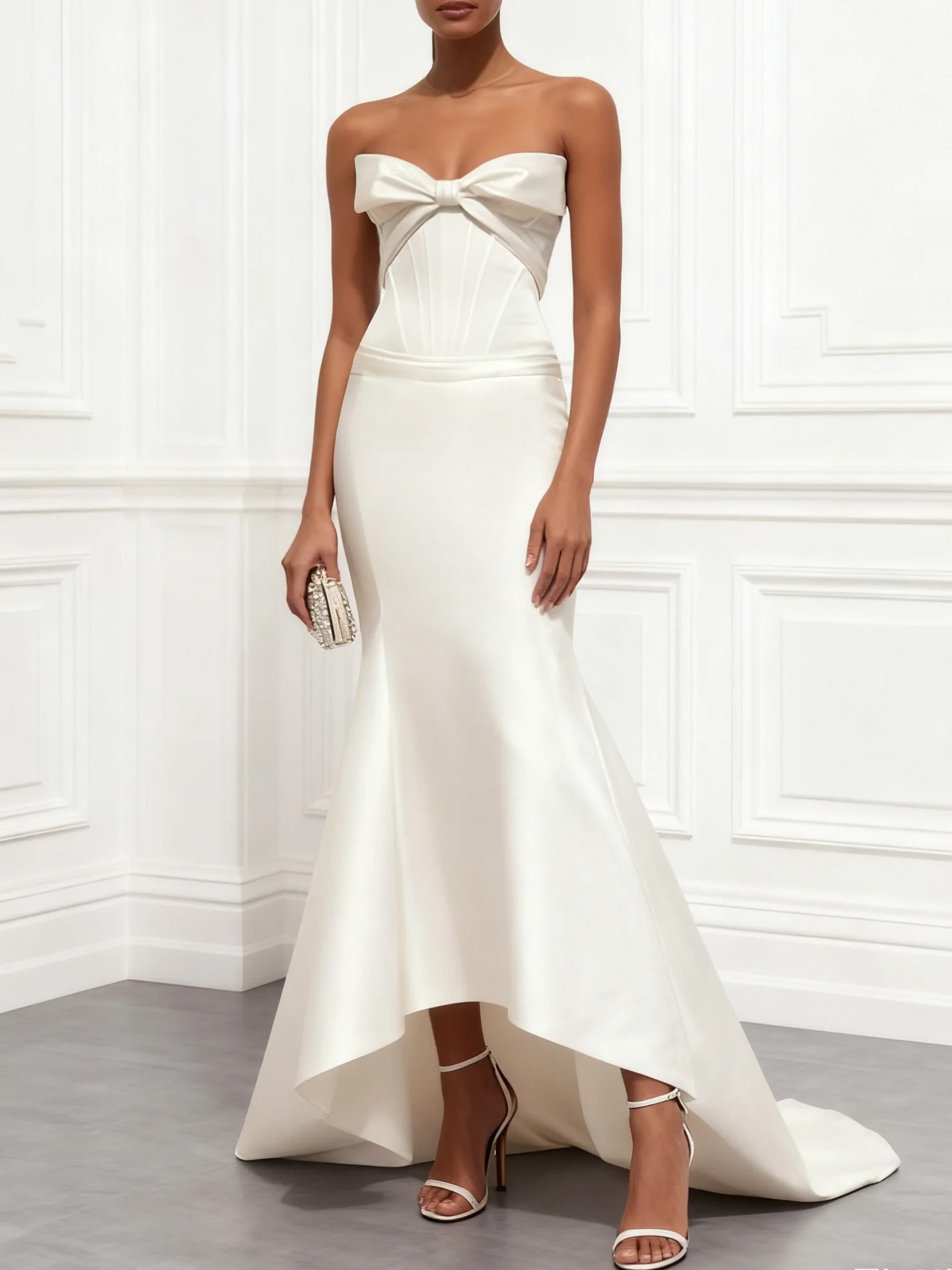 White Bow Satin Strapless Sleeveless Mermaid Gown Dress