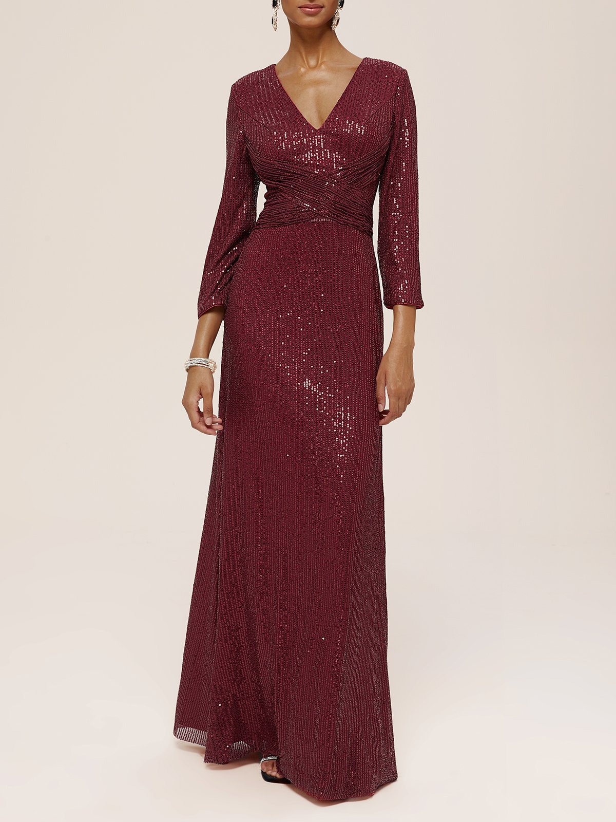 Red Ruched Sequin V Neck Three Quarter Sleeve Sheath Maxi Mother of the Bride or Groom Dress