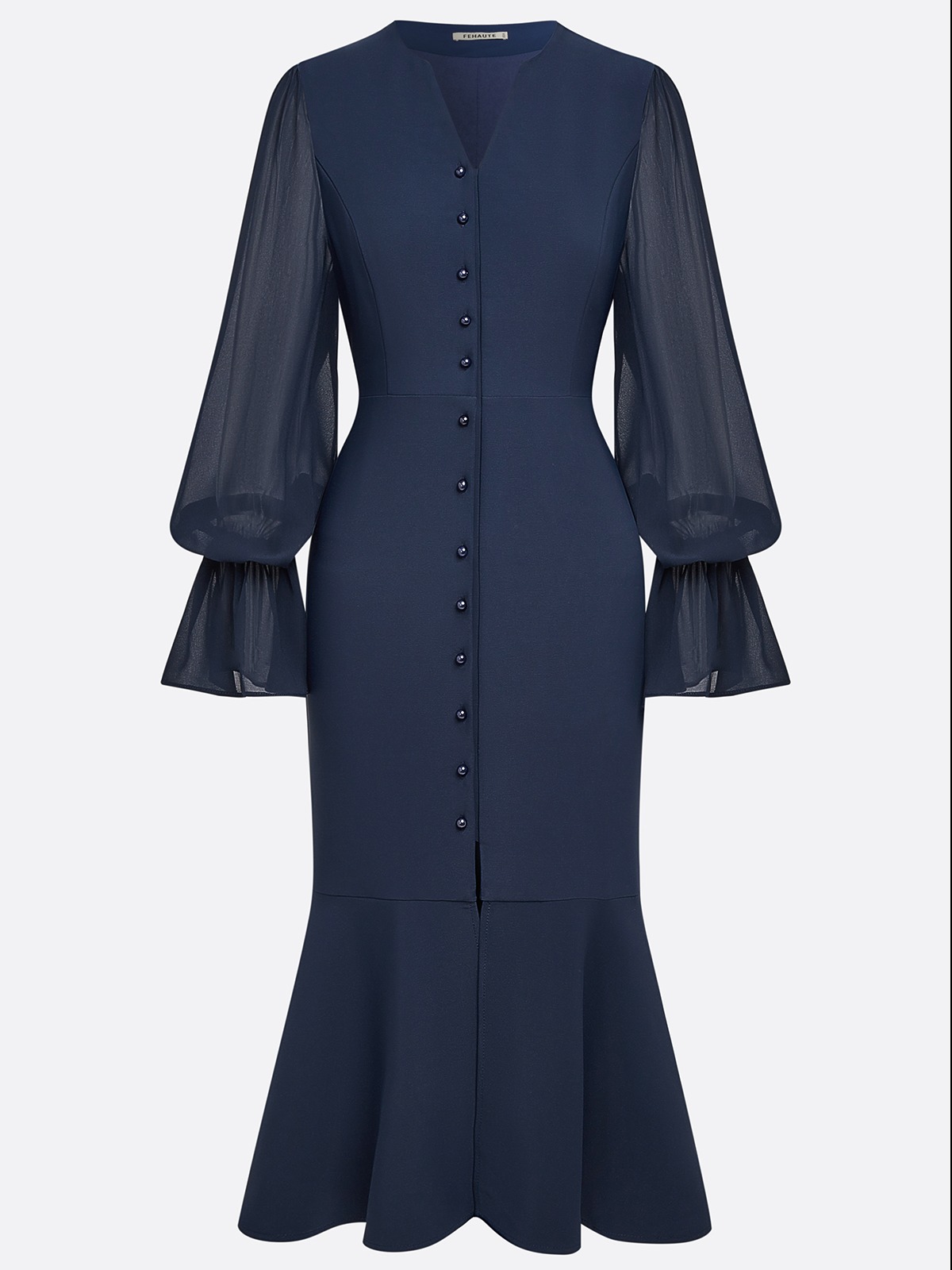 Purplish blue Buckle Classic V Neck Long Sleeve Bell Sleeve Mermaid Midi Dress