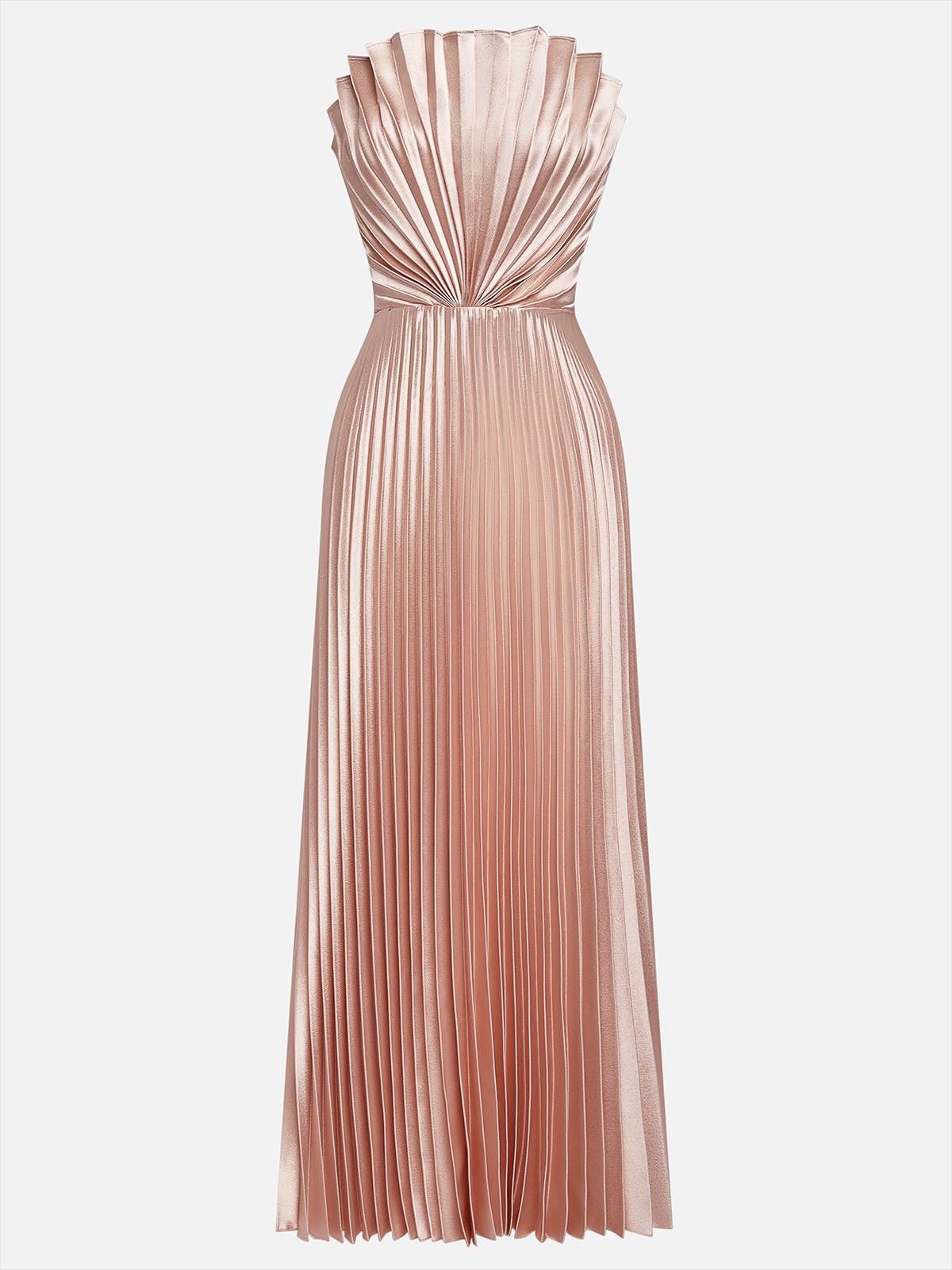 Rose Gold Pleated Satin Strapless Sleeveless A-Line Midi Dress