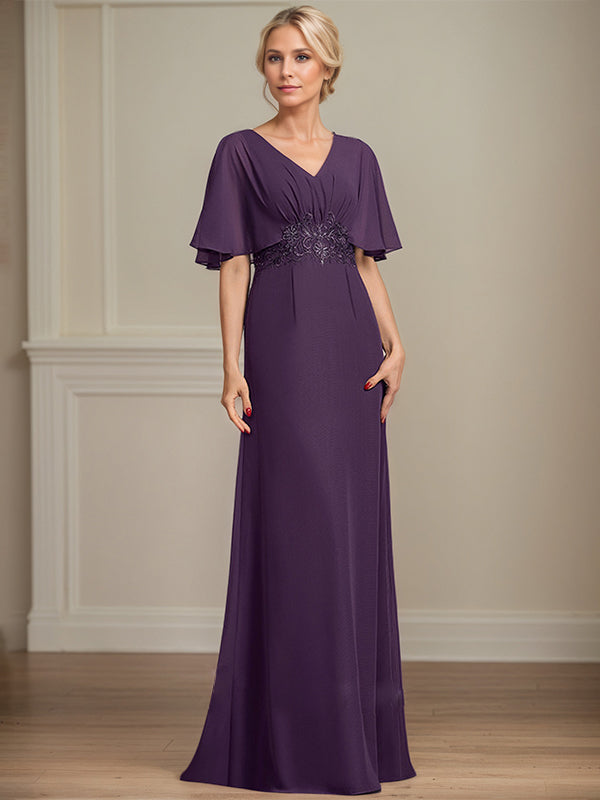 A-Line V-Neck Floor-Length Chiffon Mother of the Bride Dress With Appliques Pleated