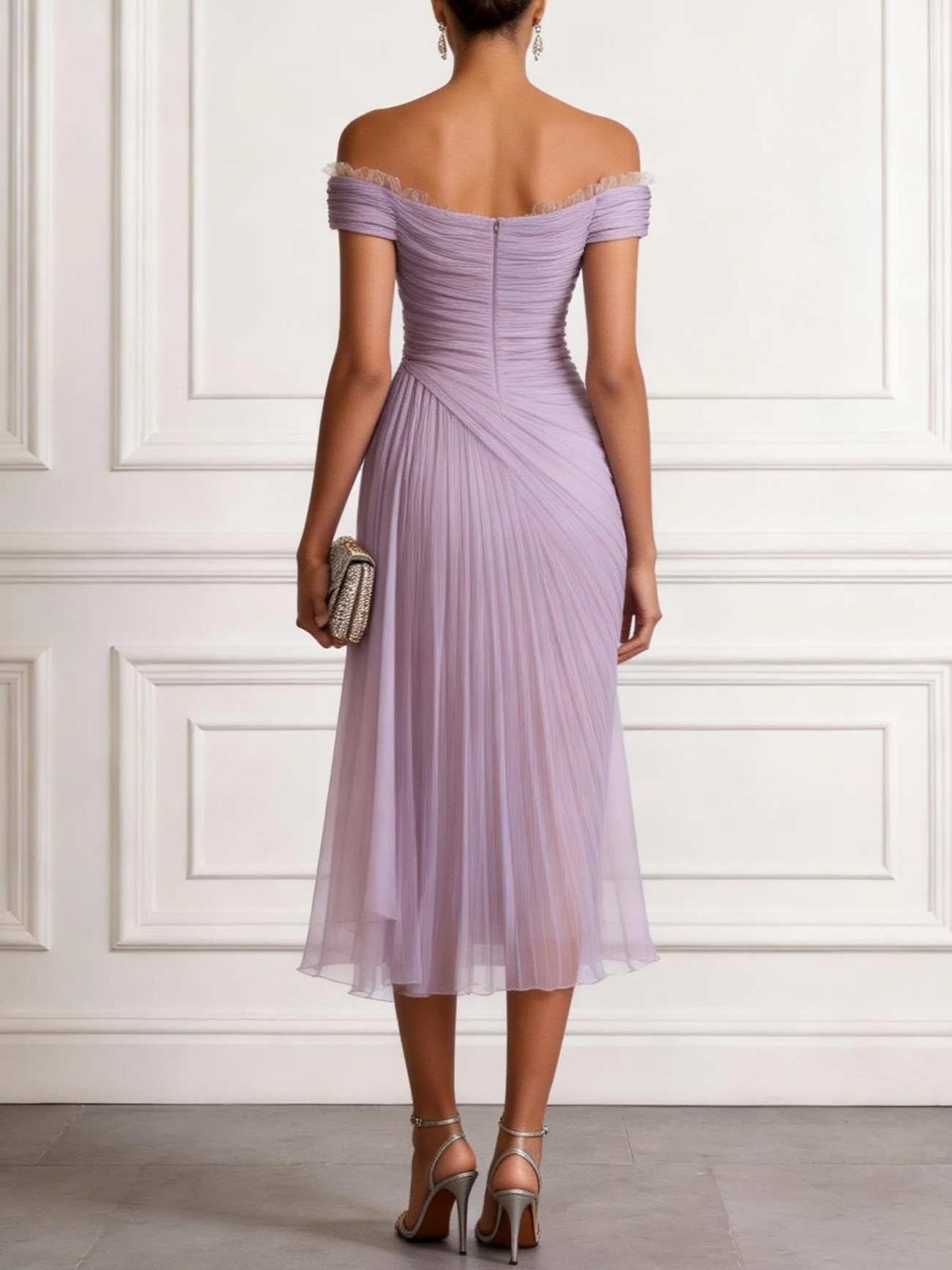 Lavender Ruched Lace Chiffon Off The Shoulder Short Sleeve A-Line Midi Dress