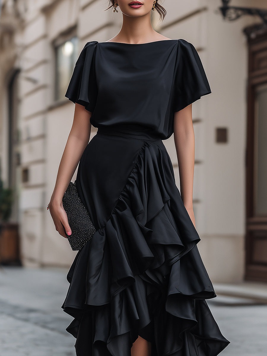 Black Short Sleeve Asymmetric Ruffle Midi Dress