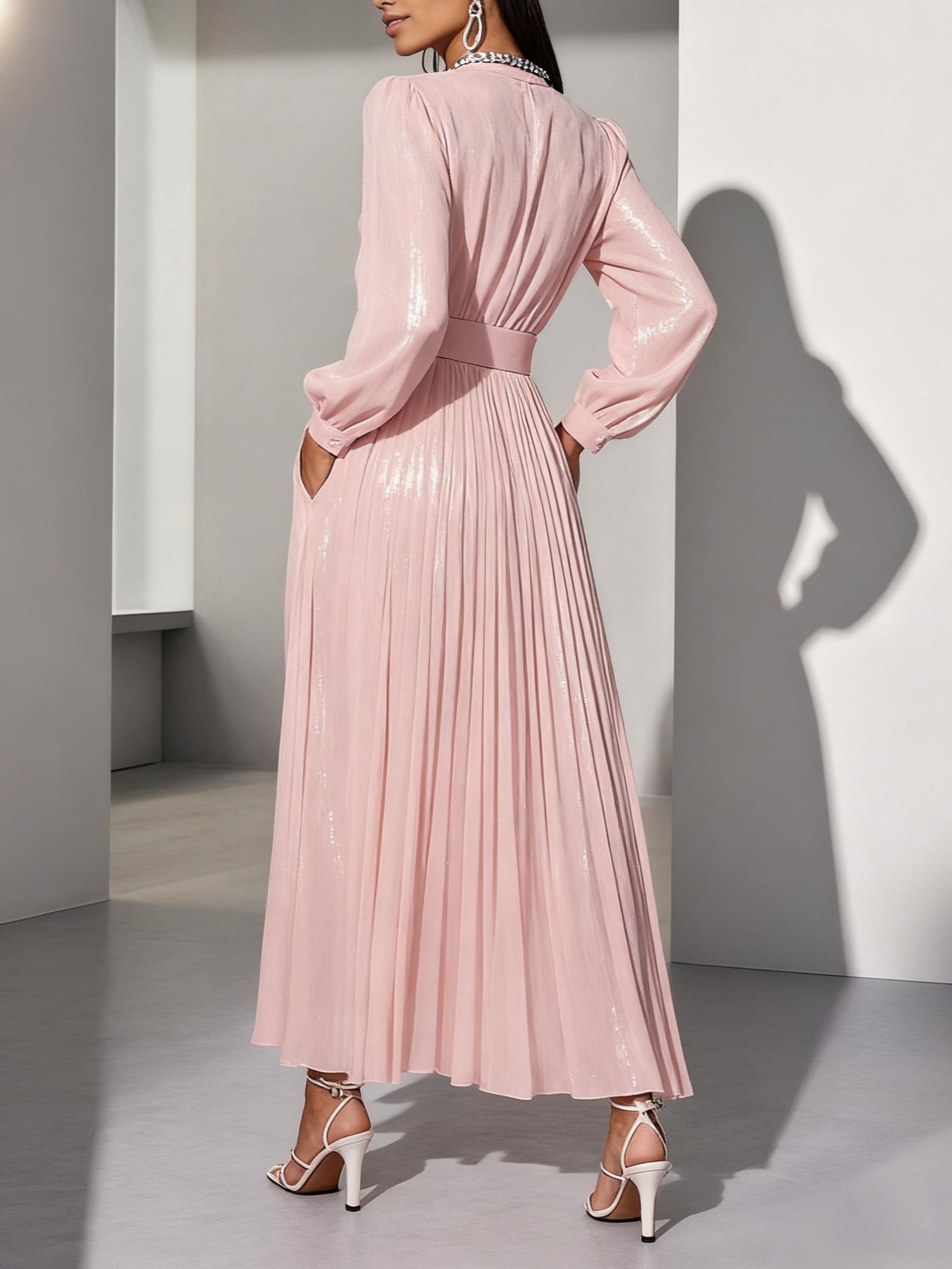 Light Pink Classic V Neck Long Sleeve Balloon Sleeve A-Line Maxi Dress