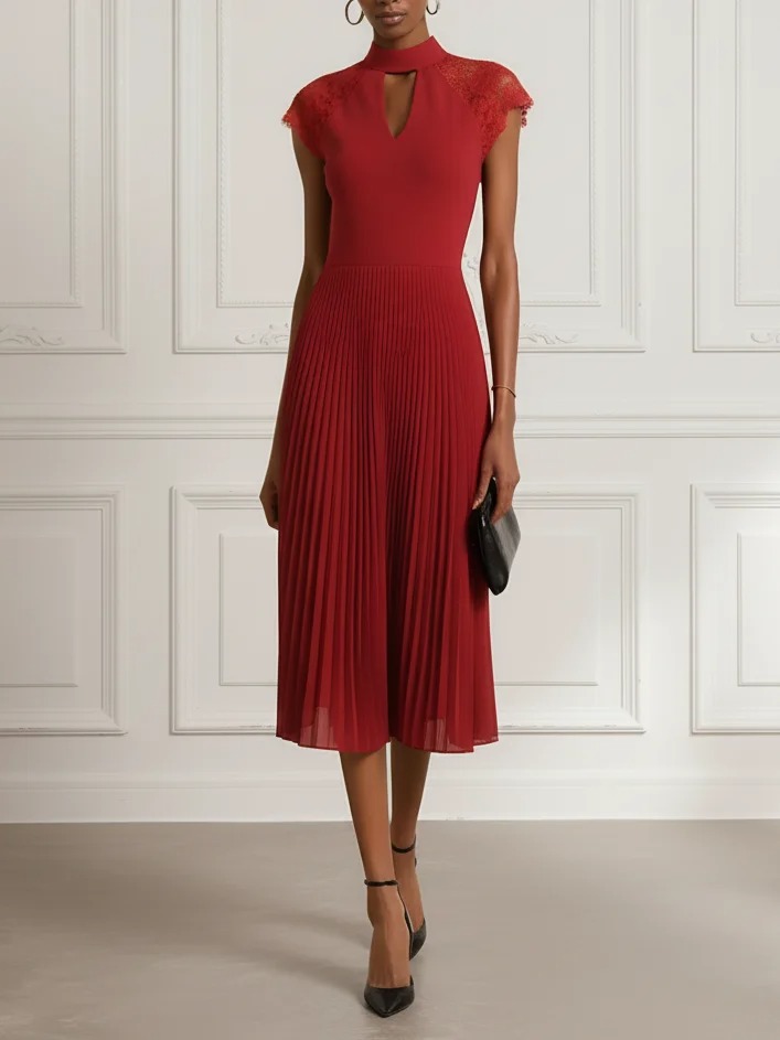 Red Lace Pleated Classic Mock Neck Cap Sleeve A-Line Midi Dress