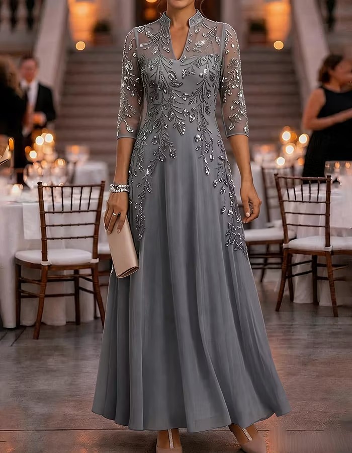 Stand Collar Half Sleeve Beaded Chiffon Evening Gown