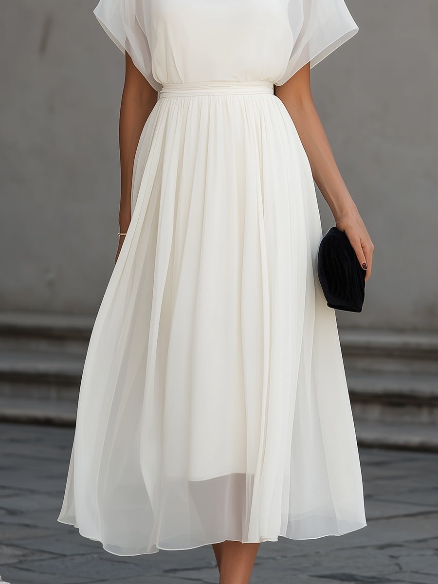 White High Neck Sheer Sleeve Pleated Midi Dress