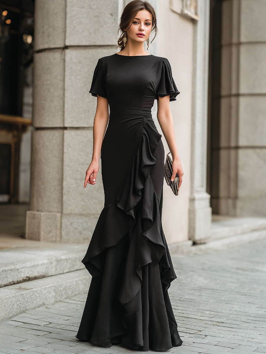 Black Flutter Sleeve Ruffled Evening Gown