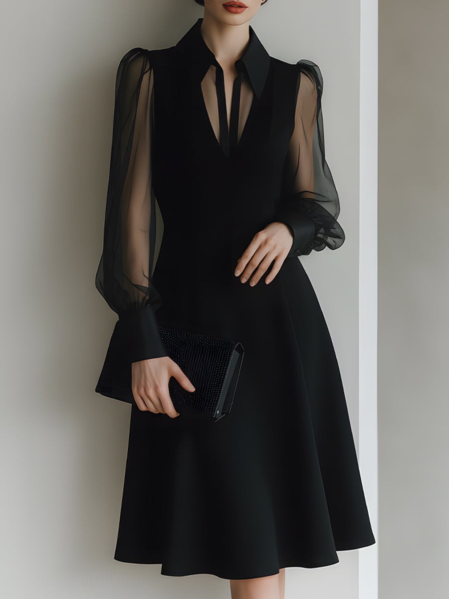 Black Sheer Sleeve Collared A-Line Midi Dress