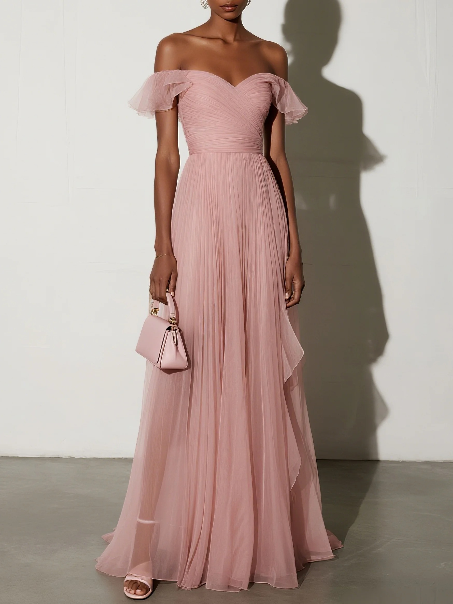 Pink Ruffled Pleated Tulle Off The Shoulder Short Sleeve A-Line Gown Dress