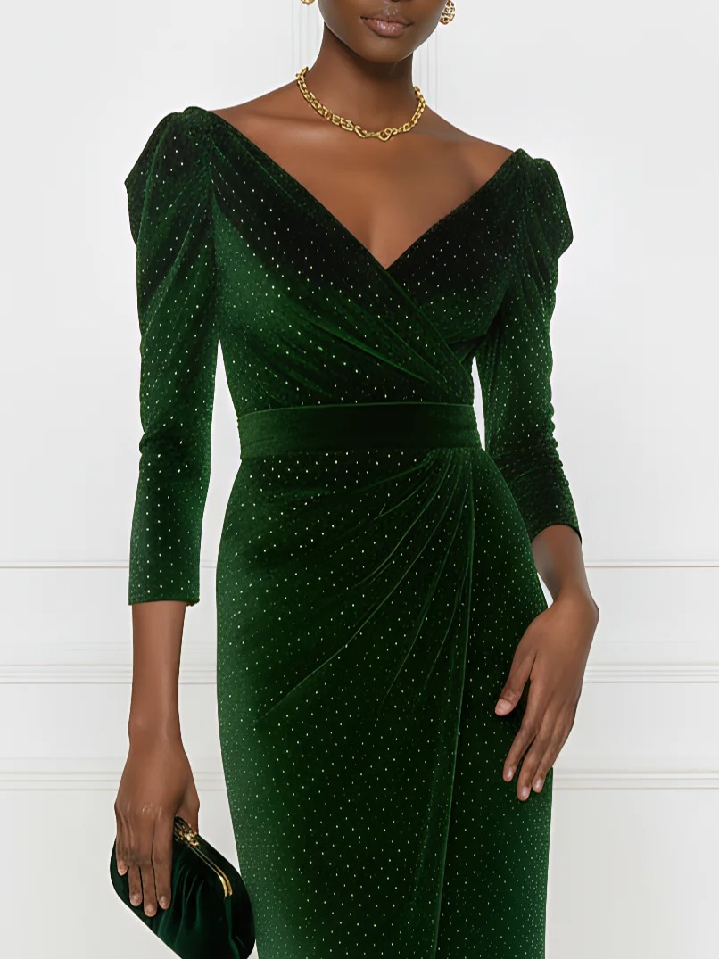Green Hot Drilling Velvet V Neck Three Quarter Sleeve Puff Sleeve Sheath Maxi Dress
