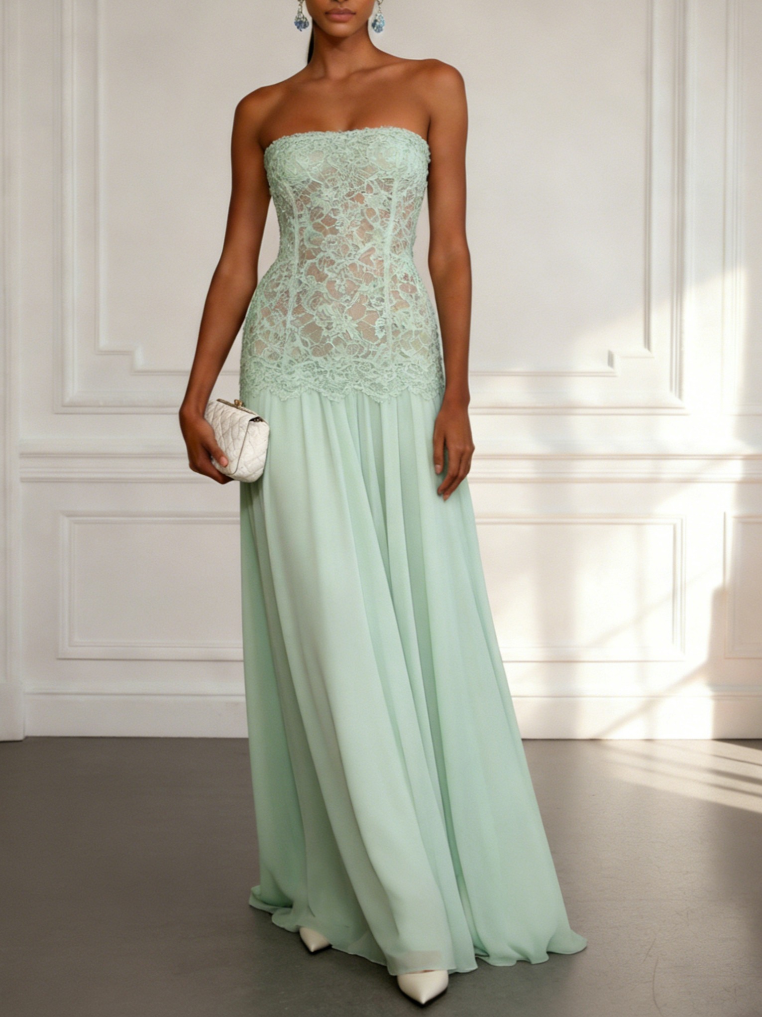 Light Green Lace Chiffon Strapless Sleeveless A-Line Maxi Dress