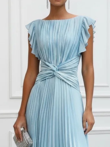 Light Blue Pleated Ruffled Chiffon Boat Neck Short Sleeve Ruffle Sleeve A-Line Maxi Dress