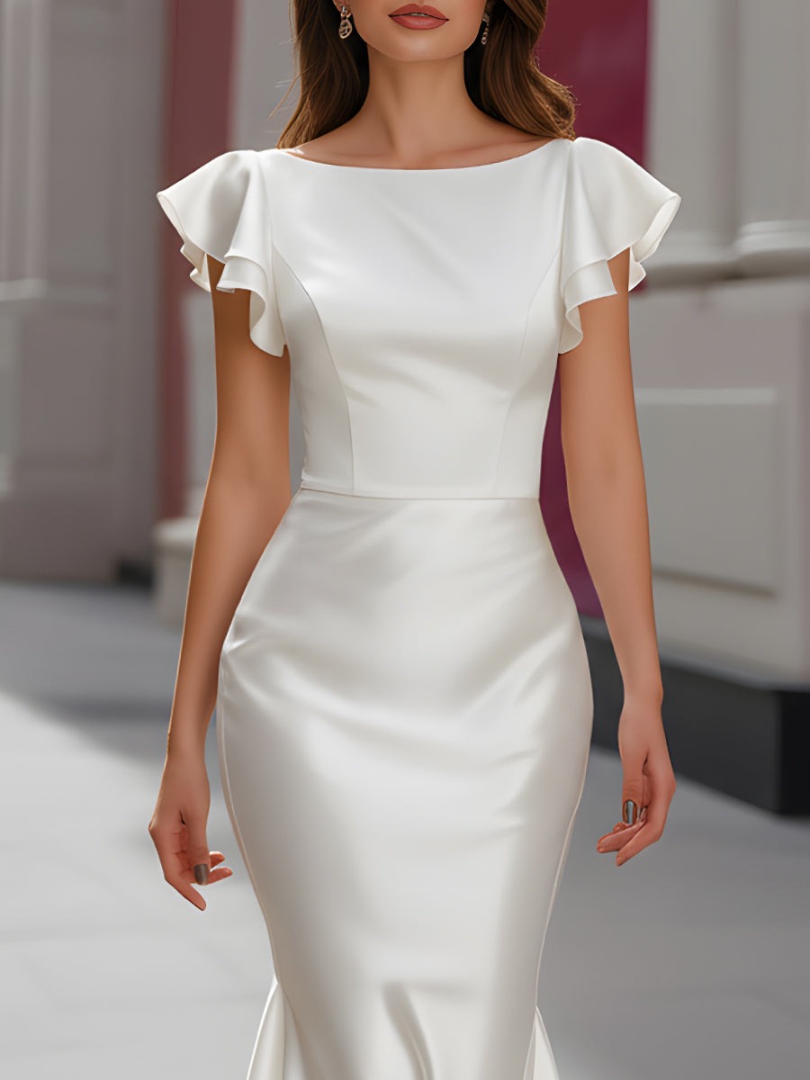 White Satin Flutter-Sleeve Mermaid Dress