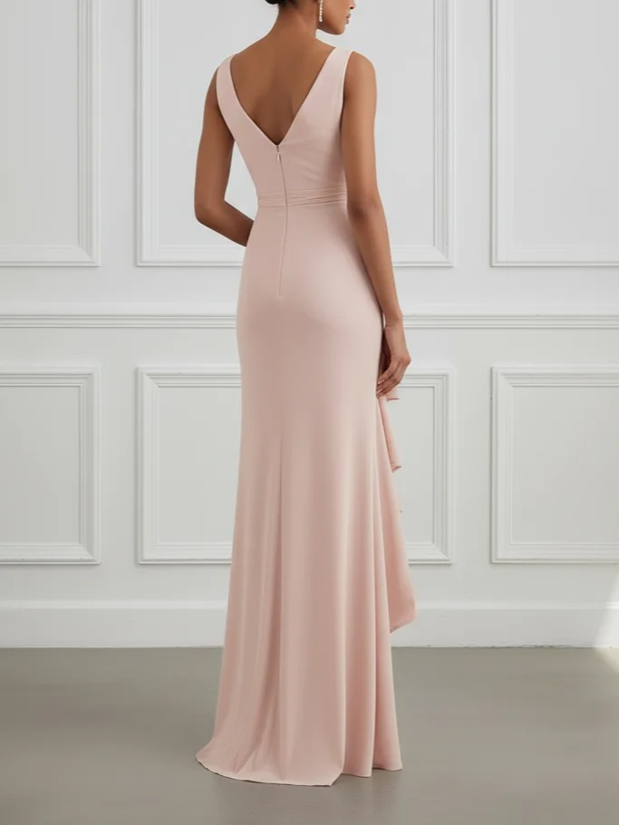 Pink Ruffled Ruched Knit Cowl Neck Cap Sleeve Bodycon Maxi Dress